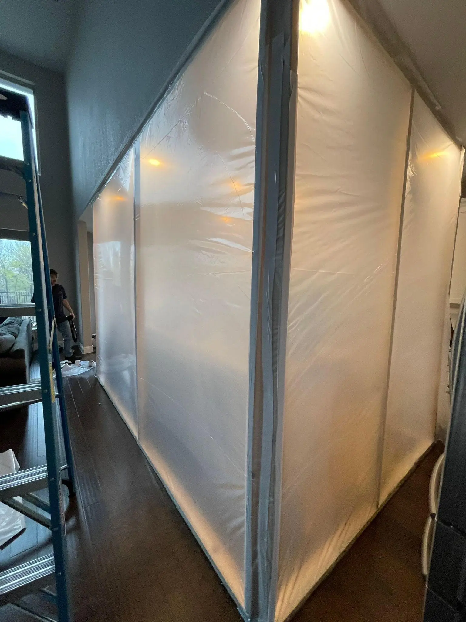 Mold remediation containment set up in a hallway